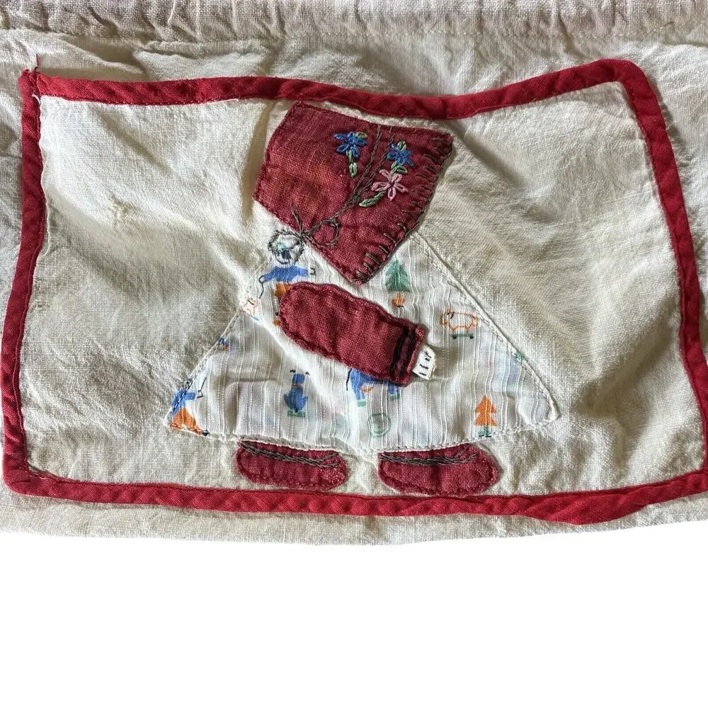 VTG Antique Hand‎ Made Apron Toddler Child Appliqué Bonnet Girl Embroidered READ